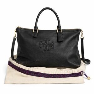 Tory Burch Amanda Classic Satchel Black Pebbled Leather Zip Top Crossbody Bag